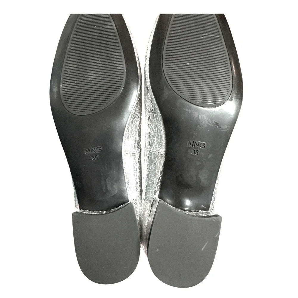 Mango MNG Silver Metallic Crackle Ballet Pumps Block Heel EU 36 US 6